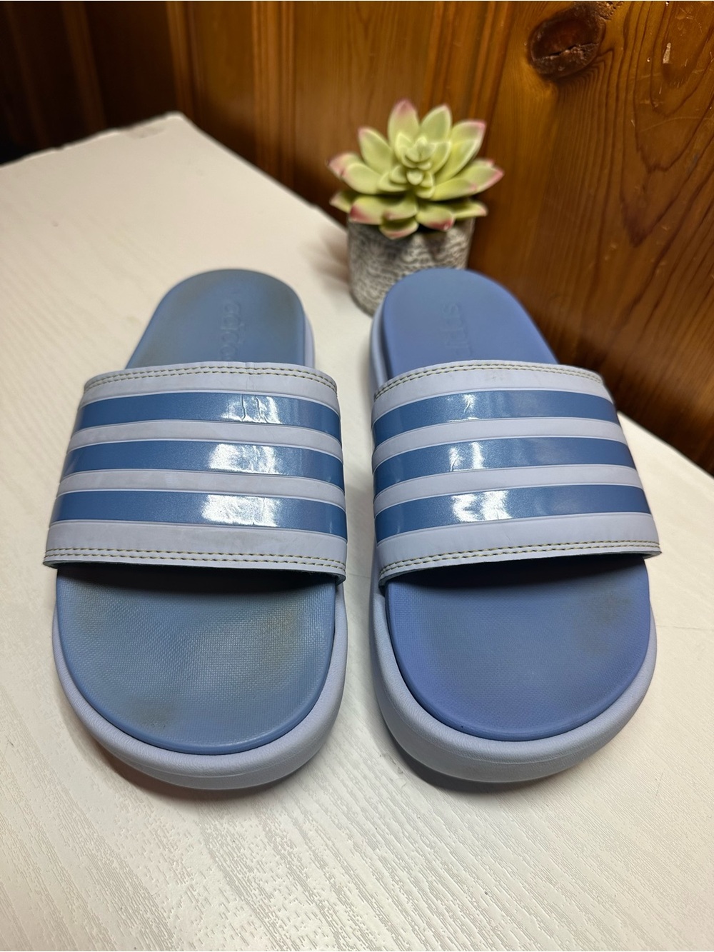 adidas Light Blue Striped Slide Sandals - Picture 5 of 15